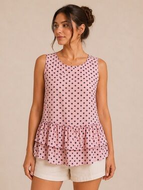 Marc Cain Pink Navy Polka Dot Sheer Peplum Sleeveless Blouse Tie Back Medium?